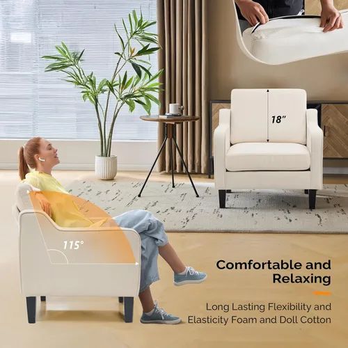 Miniatura 6 de VINGLI Sillas decorativas beige para sala de estar, silla tapizada cómoda de mediados de siglo, sillón moderno para dormitorio, oficina en casa