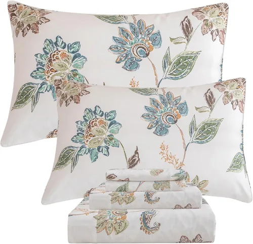 Miniatura 11 de Lady Ann Sábanas florales tamaño King 100% algodón, diseño de flores amarillas y hojas con estampado botánico de plantas, bolsillos profundos, ropa