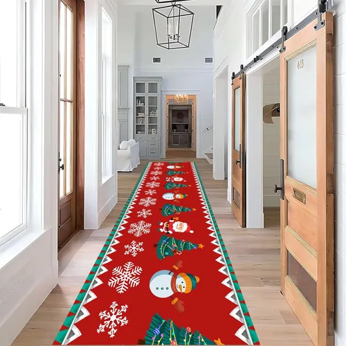 Miniatura 20 de Alfombra de pasillo de Navidad, 1.3 x 7 pies, alfombra de pasillo de renos con copos de nieve, color blanco, alfombra de pasillo estilo bohemio rojo