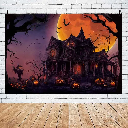 Miniatura 5 de MEHOFOND Telón de fondo temático de Halloween de 7 x 5 pies, horrible luna llena, fondo de fotografía de noche de castillo morado, calabaza, madera