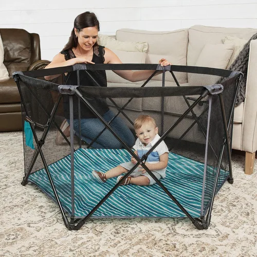 Miniatura 6 de Baby Delight Go With Me Eclipse - Corralito portátil de malla Parque de juegos Toldo solar Interior y exterior Base de rayas acuarela Rayas