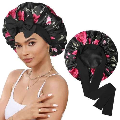 Miniatura 15 de Gorro de satén de seda para dormir, gorro de seda de doble capa con banda elástica para cabello rizado Negro+marrón