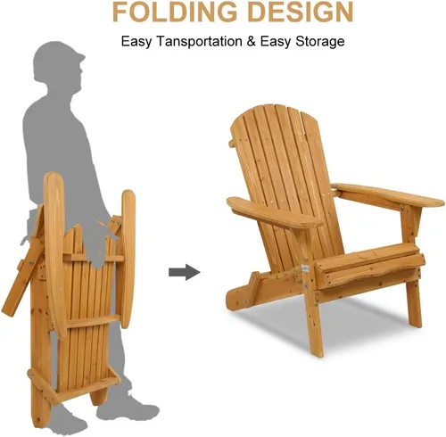 Miniatura 5 de VINGLI Juego de 2 sillas Adirondack plegables de madera y juego de mesa, diseño ergonómico para fogata, tumbona plegable para patio al aire libre