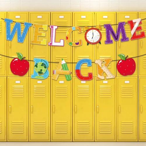 Miniatura 5 de Cartel de regreso a clases con texto en inglés "Welcome Back Words" para colgar en el día de regreso a la escuela, decoración de fiesta