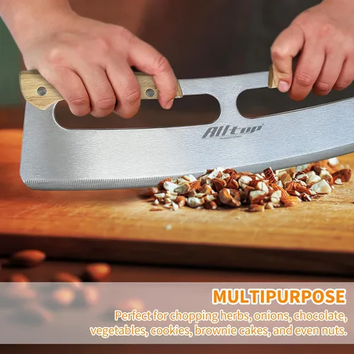 Miniatura 5 de ALLTOP Cortador de Pizza Basculante, Cuchillo de Hoja de Acero Inoxidable con Doble Mango de Madera y Cubierta de Plástico, Rebanadora/Picadora