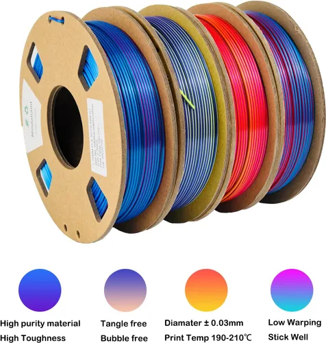 Miniatura 3 de Juego de filamentos PLA de seda de doble color MINDAHAND - Filamento para impresora 3D de 0.069 pulgadas, 4 rollos × 8.18 onzas, degradado