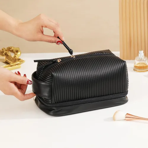 Miniatura 2 de Bolsa de maquillaje, bolsa de viaje grande de doble capa impermeable con asa y compartimento para cepillos para mujeres, Negro -, Color puro