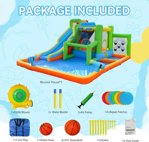 Miniatura 8 de FBSPORT - Castillo inflable con tobogán acuático, casa de rebote para niños, para interiores y exteriores, con soplador de 550 W, castillo hinchable