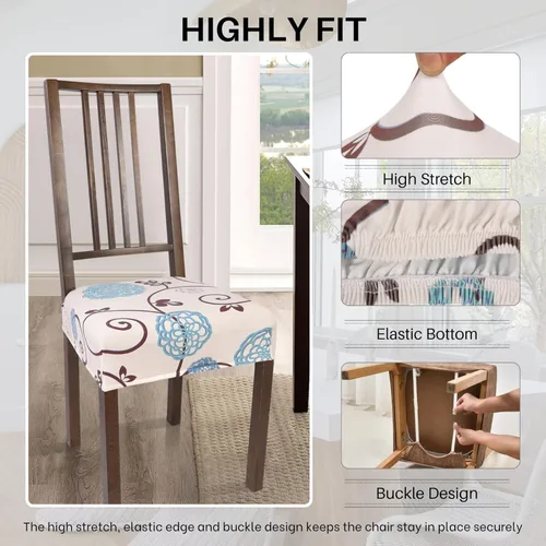 Miniatura 2 de SearchI Juego de 6 Fundas de Asiento para Sillas de Comedor Elásticas, Fundas de Asiento Suave Extraíbles y Lavables para Sillas de Comedor, Flor