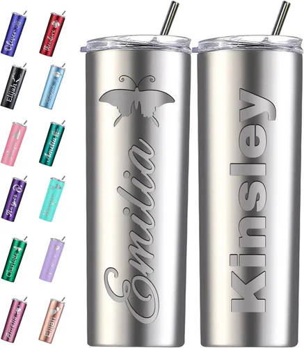 Miniatura 15 de Vaso personalizado personalizado con nombre grabado y logotipo, vasos delgados personalizados con tapa y pajita, vaso aislado de acero inoxidable