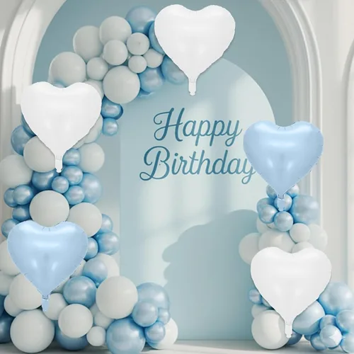 Miniatura 8 de Globos de corazón azul bebé, 10 piezas de globos en forma de corazón azul claro y blanco pastel, globos de papel de aluminio blanco arena crema