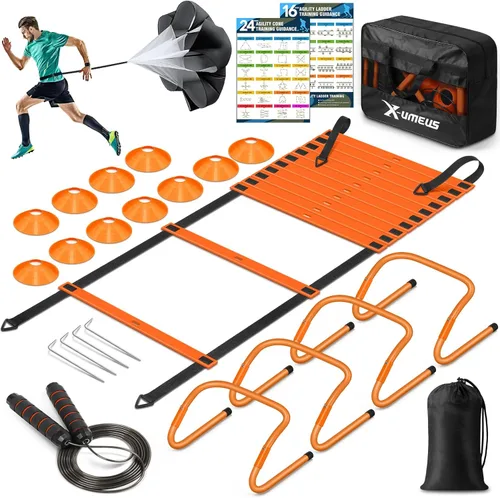 X-UMEUS Agility Ladder Speed Training Equipment Set-20ft Agility Ladder,12 Soccer Cones,4 Hurdles, Jump Rope, Running Parachute| Basketball Football