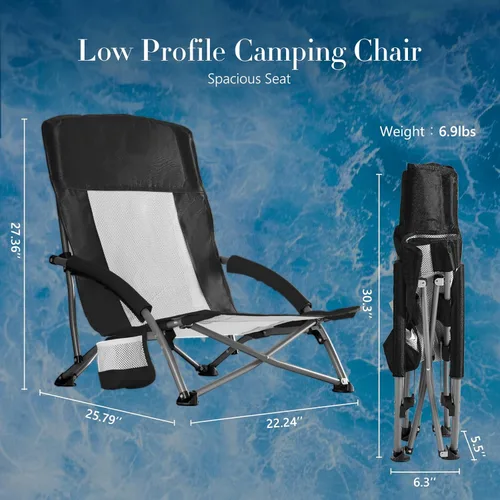 Miniatura 2 de DUMOS Silla de playa plegable para campamento, silla de playa ligera y baja portátil con soporte para tazas, bolsillo de almacenamiento, respaldo