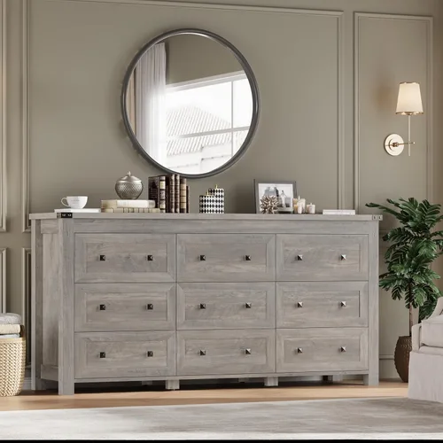 Miniatura 6 de BORNOON Cómoda de 9 cajones, moderna cómoda de almacenamiento de madera, soporte de TV, organizador de cajones de madera con asas de metal