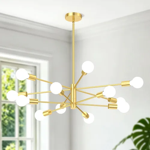 Miniatura 11 de Candelabros Sputnik Modernos para Comedor, Altura Ajustable Semi Empotrado Negro y Dorado Candelabro Lámpara de Techo Montaje 6 Luces Mediados
