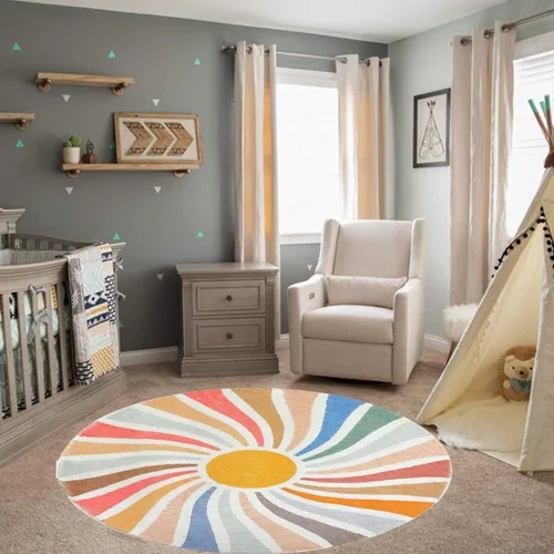 Miniatura 4 de Poowe Alfombra redonda con diseño de arco iris, colorida alfombra bohemia para niños, ultra suave, lavable, alfombra para habitación del cuarto