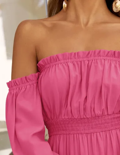 Miniatura 5 de ZESICA - Vestido largo, bohemio y sexy, con hombros descubiertos y manga larga fruncida, con elástico fruncido, cintura alta y abertura lateral