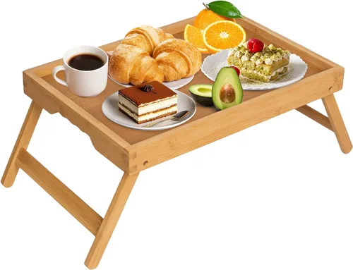 Miniatura 9 de Artmeer Bandeja de cama con patas plegables, desayuno de bambú en la cama para mesa de TV, bandeja de computadora portátil, comer, bandeja