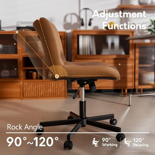 Miniatura 7 de Silla de escritorio sin brazos de cuero marrón, cojín ergonómico suave, altura ajustable, balanceo, oficina en casa