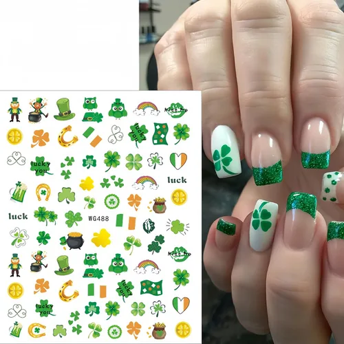 Miniatura 5 de 7 hojas de calcomanías de uñas del día de San Patricio para arte de uñas, calcomanías autoadhesivas 3D de trébol verde, diseño de uñas irlandesas