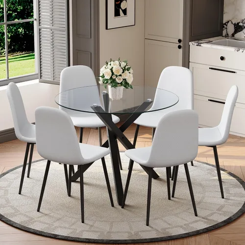 Miniatura 18 de Juego de mesa de comedor redonda para 6, juego de mesa de comedor de vidrio de 39 pulgadas con base de metal ajustable dorada en forma de X y 6