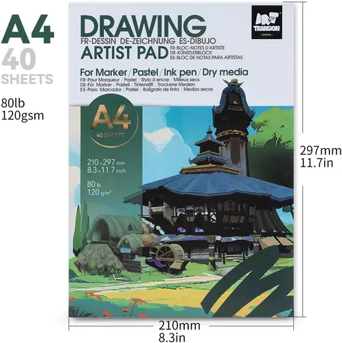 Miniatura 4 de TRANSON Cuaderno de dibujo A4, papel de arte pesado de 80 libras/4.23 oz/m², no se traspasa, 40 hojas/80 páginas de 8.3 x 11.7 pulgadas para dibujo
