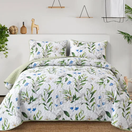 Miniatura 8 de Anibedding Juego de edredón azul tamaño King, 3 piezas reversible, elegante patrón de hojas botánicas azules, colcha de microfibra suave para toda
