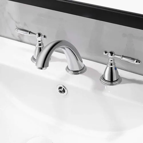 Miniatura 2 de Phiestina Grifo de baño cromado de 8 pulgadas y 3 agujeros con drenaje desplegable de metal, grifo de lavabo de baño sin Lesd, WF008-4-C Cromo
