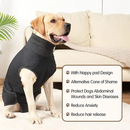 Miniatura 2 de HEYWEAN Pañal para perros de cuerpo completo con pañales para cachorros, traje de recuperación fisiológica para perros machos y hembras Negro clásico