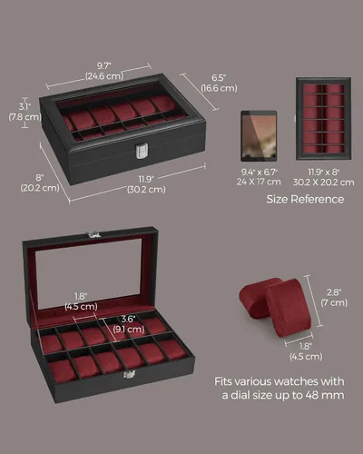 Miniatura 6 de SONGMICS Caja de reloj, caja de reloj de 12 ranuras con tapa de vidrio grande, almohadas extraíbles para reloj, organizador de caja de reloj, regalo