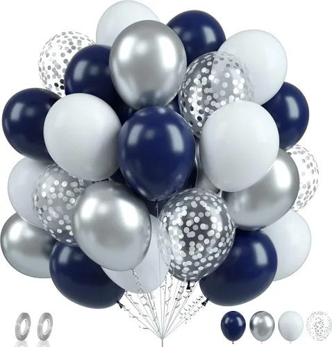 Miniatura 30 de Globos de graduación azules y dorados, 60 globos impresos con texto en inglés "Felicitaciones", 12 pulgadas, azul marino, blanco, azul, metálico