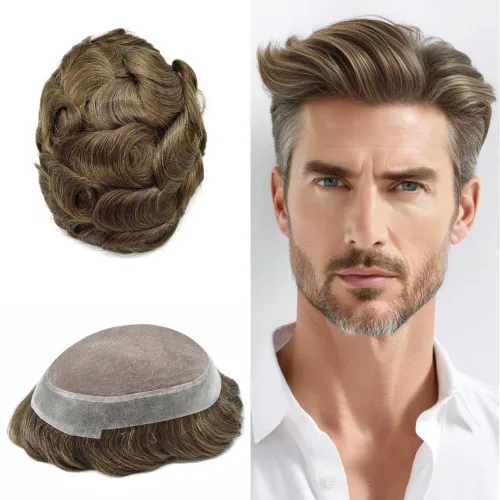 Miniatura 34 de Tupé para hombres, piezas de cabello humano real, sistema de unidades de cabello natural, línea capilar natural, pieza de repuesto para hombres