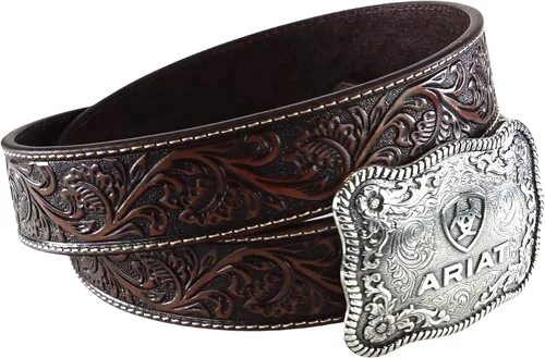 Miniatura 2 de ARIAT Cinturón de cuero en relieve floral para hombre con hebilla de vaquero plateada envejecida