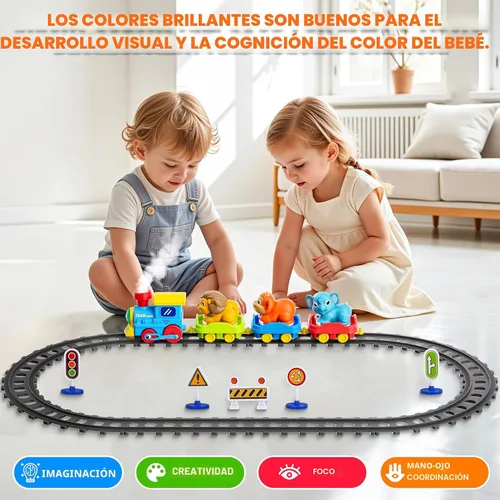 Miniatura 3 de Juego de tren para niños pequeños con vapor, música y luces - Juguete de tren eléctrico para niños con accesorios de vías, incluye 3 vagones
