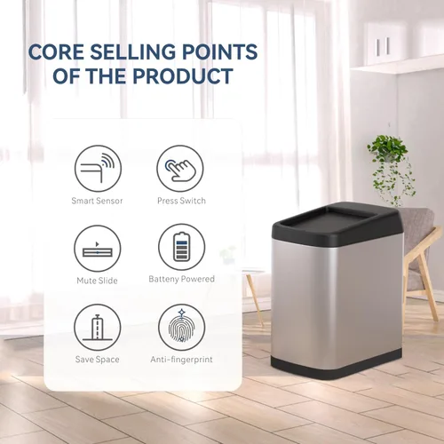 Miniatura 5 de ELLO&ALLO Bote de basura de cocina de 13 galones con tapa enrollable, sensor de movimiento automático sin contacto, cubo de basura rectangular