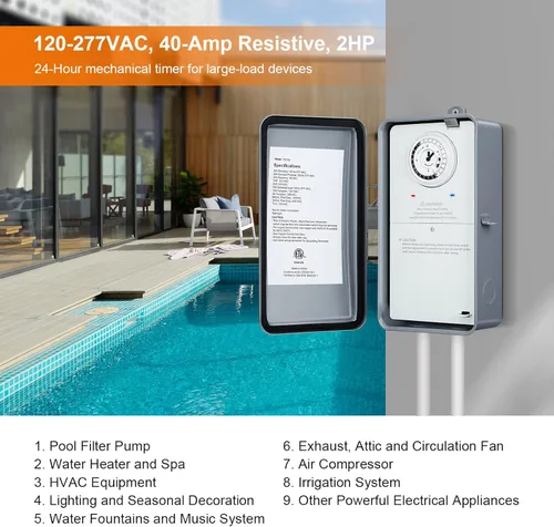 Miniatura 6 de SURAIELEC Temporizador de piscina, temporizador de bomba mecánica de 24 horas, 40 amperios, 120, 240, 277 VAC, carcasa de metal resistente al aire