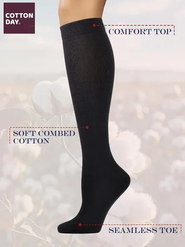 Miniatura 4 de COTTON DAY Calcetines de algodón peinado suave para mujer, largos hasta la pantorrilla, con puntera sin costuras, negro, blanco, gris, azul marino