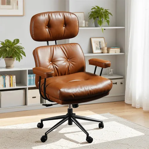 Silla de oficina con 360 ruedas, silla de oficina de mediados de siglo con soporte para el respaldo, silla de escritorio de piel sintética, ángulo