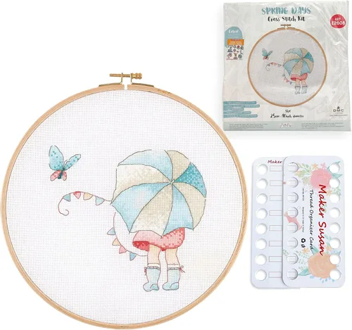 Maker Susan Kits de punto de cruz para adultos y principiantes con patrón de días de primavera con aro de madera, tela DMC, hilos y agujas, tarjetas