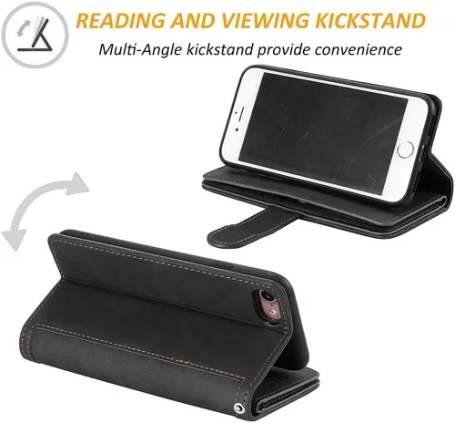 Miniatura 3 de UEEBAI Funda tipo cartera para iPhone SE 2022 5G/iPhone 7/iPhone 8/iPhone SE 2020, retro con 9 ranuras para tarjetas, bolsillo con cremallera, funda