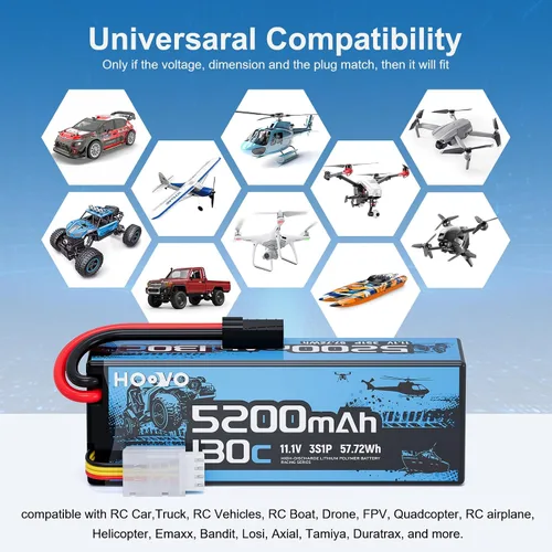 Miniatura 6 de HOOVO Batería Lipo 3S, 5200mAh 130C 11.1V Lipo batería rígida con enchufe TR, batería RC para coche RC, barco RC, camión RC, modelo de carreras RC