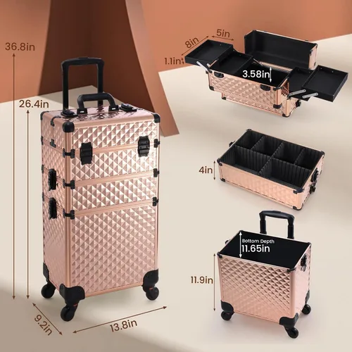 Miniatura 5 de FRENESSA - Estuche de maquillaje rodante 3 en 1, carrito cosmético profesional con gran almacenamiento para esteticistas, estilista de cabello, Oro