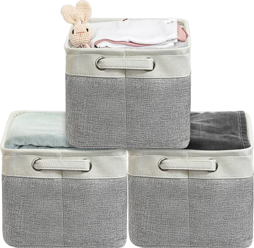 Miniatura 12 de Simple Houseware Cubos de almacenamiento de tela grandes de 13 x 13 pulgadas para armario y organizador de cubos, paquete de 3, color beige