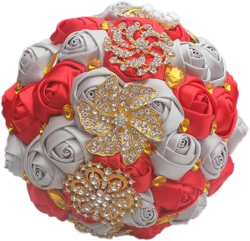 Miniatura 10 de Ramo de novia de 8 pulgadas con rosas de satén de 8 pulgadas con broches de cristal dorado hecho a medida, arreglo de centro de mesa, ramo azul real