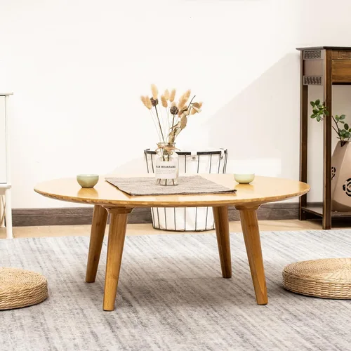 Miniatura 7 de Furlide Mesa de centro redonda de bambú, mesa de estilo japonés bajo para sala de estar, mesa de centro circular de mediados de siglo, mesas