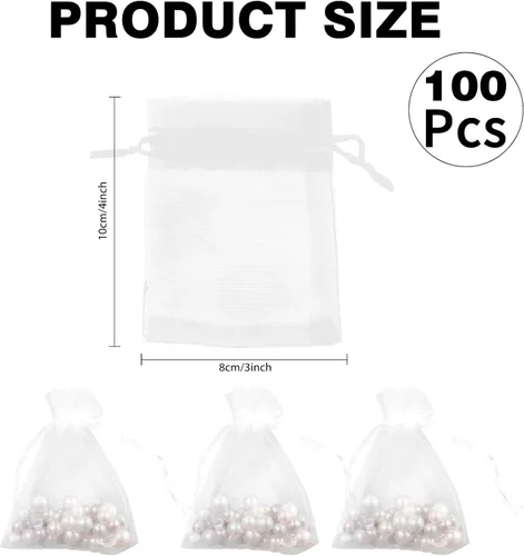 Miniatura 25 de Bolsas de organza, bolsa de organza transparente, 50 unidades, pequeñas bolsas de organza con cordón de 3 x 4 pulgadas, bolsas de regalo de joyería