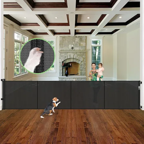 Miniatura 18 de Puerta retráctil reforzada de 96 pulgadas de ancho con varillas de apoyo, puerta retráctil extra larga para perros, puertas exteriores para Negro