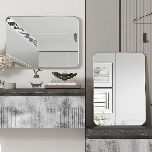 Miniatura 6 de Manocorro - Espejo de baño de esquina redonda, 20 x 28 pulgadas, color plateado Lightweight,wall mounted,HD tempered glass,sturdy aluminum