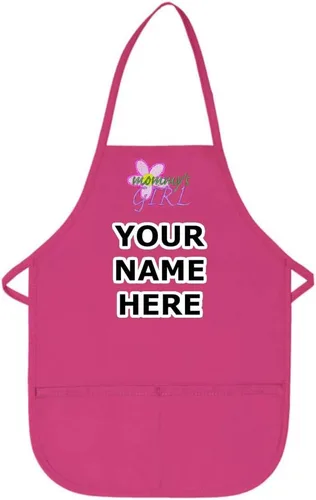 Delantal personalizado de color rosa intenso para niños, con diseño de bordado de flores de mamá niña, tela de sarga de poliéster/algodón, extra
