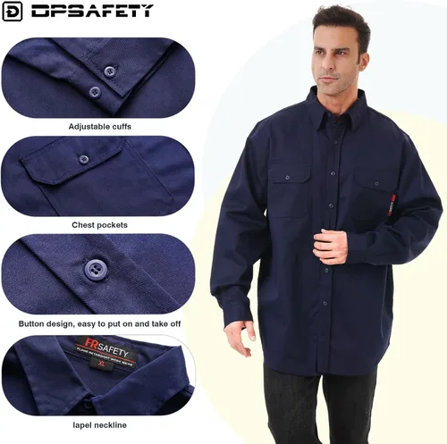 Miniatura 2 de FR Camisa de 7 onzas resistentes al fuego para hombre, camisa de soldadura CAT2, 100% algodón, resistentes al fuego, color azul marino (2XL)